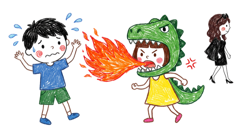 화가 나서 불을 뿜는 여자친구와 당황한 남자친구